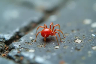 Gros plan macro d'un minuscule acarien rouge sur une dalle de terrasse en béton gris