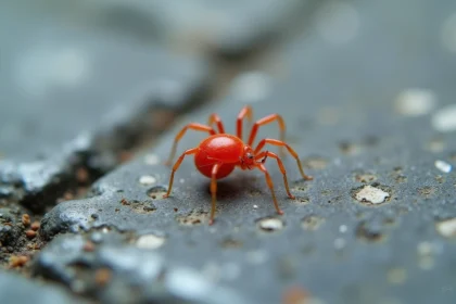 Gros plan macro d'un minuscule acarien rouge sur une dalle de terrasse en béton gris