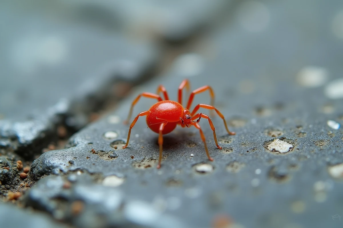 Gros plan macro d'un minuscule acarien rouge sur une dalle de terrasse en béton gris