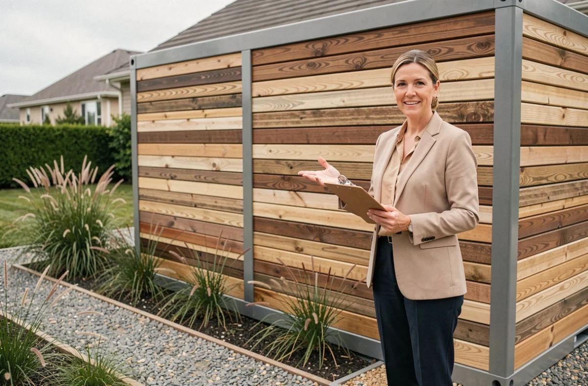 Agent immobilier présentant un conteneur abri de jardin aménagé comme atout lors d'une estimation immobilière