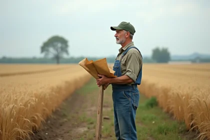 Agriculteur tenant un plan cadastral au bord d'un champ agricole pour mesurer la superficie en ares et hectares