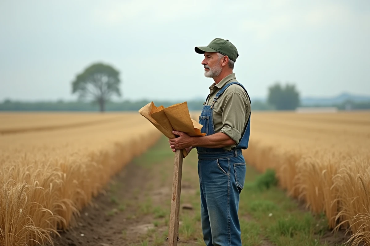 Agriculteur tenant un plan cadastral au bord d'un champ agricole pour mesurer la superficie en ares et hectares