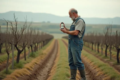 Agriculteur portugais examinant un flacon d'herbicide glyphosate dans un vignoble en hiver