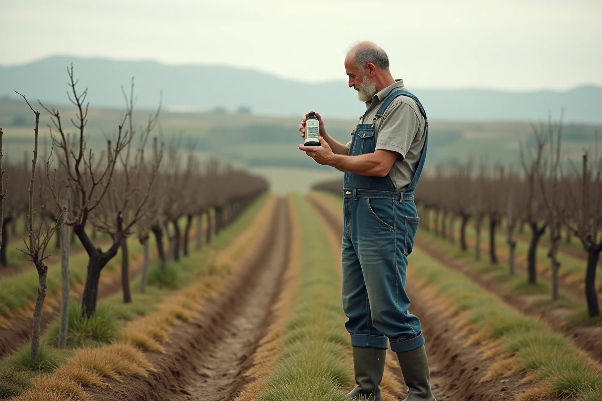Agriculteur portugais examinant un flacon d'herbicide glyphosate dans un vignoble en hiver