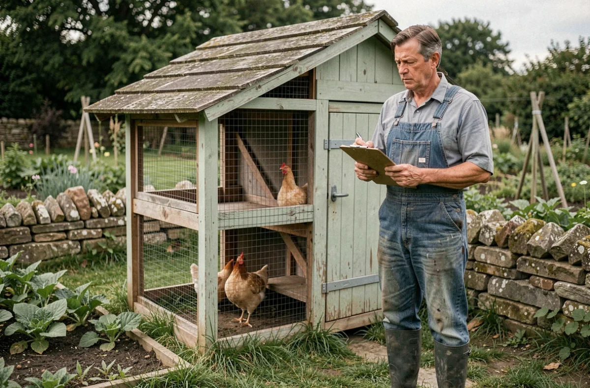 Agriculteur français examinant son poulailler en bois dans un jardin rural, tenant un presse-papiers avec des notes administratives