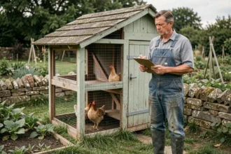 Agriculteur français examinant son poulailler en bois dans un jardin rural, tenant un presse-papiers avec des notes administratives