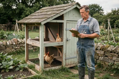 Agriculteur français examinant son poulailler en bois dans un jardin rural, tenant un presse-papiers avec des notes administratives