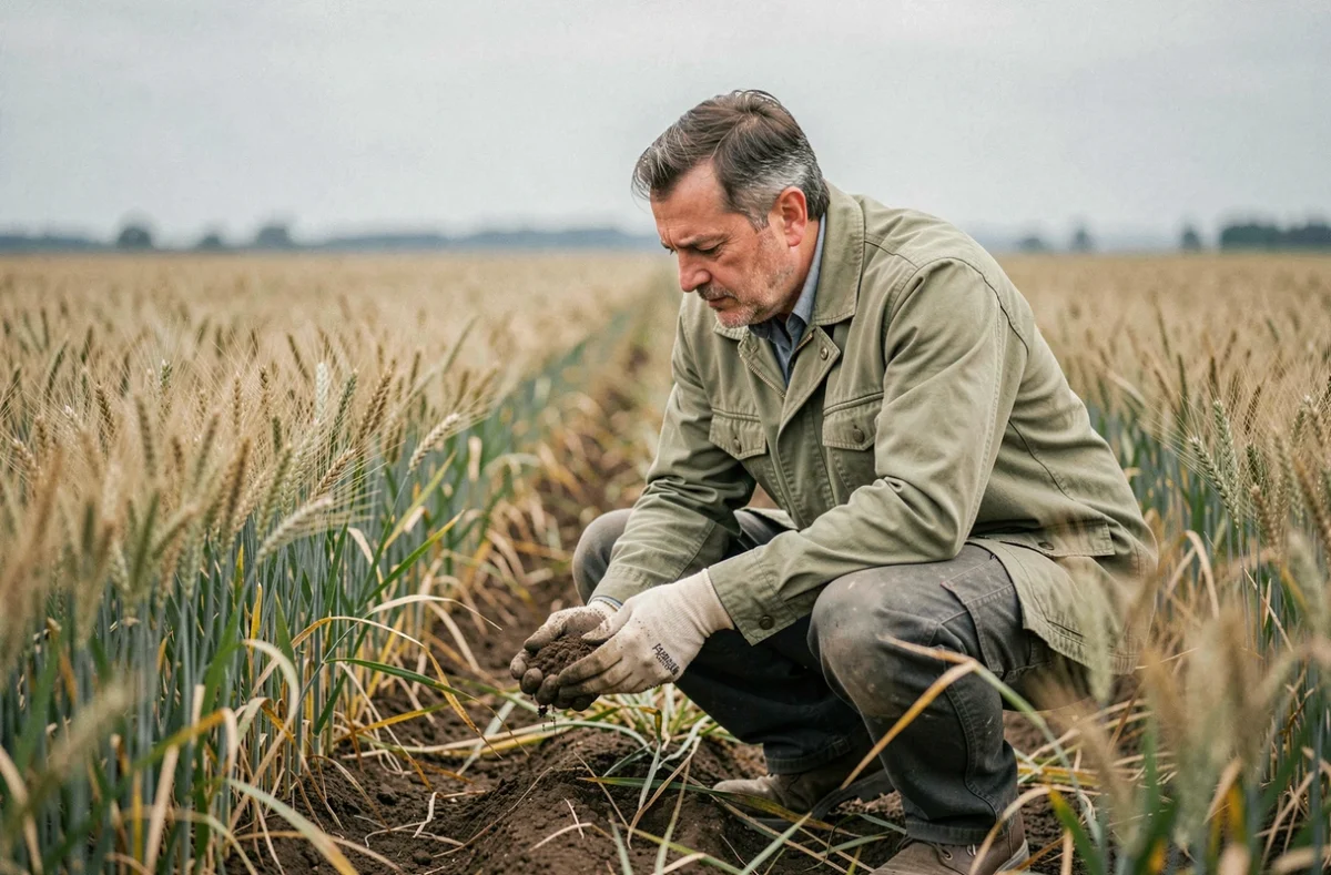 Agronome inspectant un sol agricole dans un champ de blé pour optimiser la fertilisation avec Humonia
