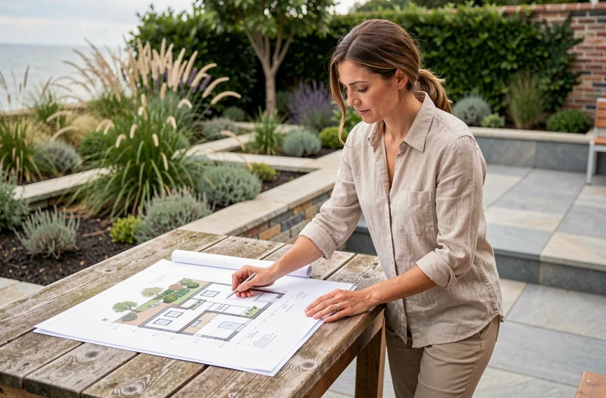 Designer paysagiste d'Althea Nova consultant des plans de jardin contemporain sur une terrasse en pierre en Bretagne