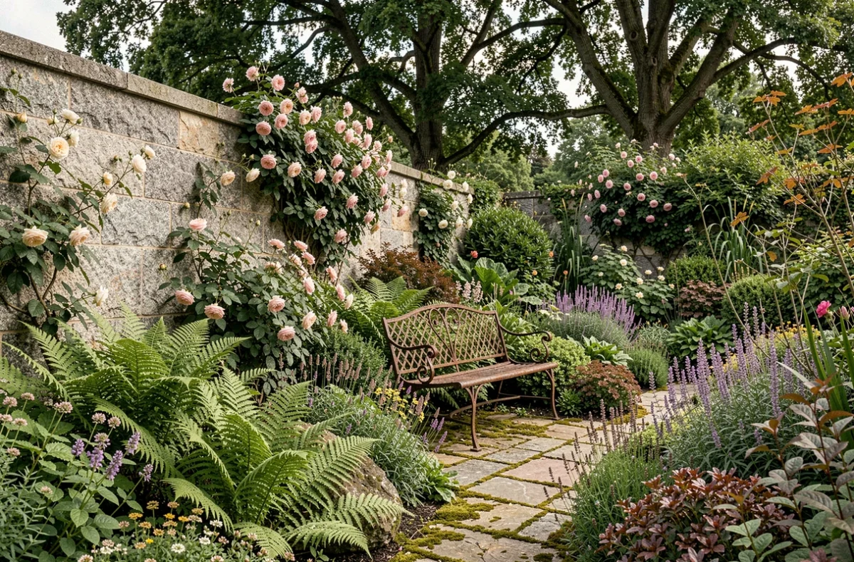 Coin de jardin botanique luxuriant aménagé par Ambiance Botanique avec des plantes indigènes et un banc en fer dans un jardin privé breton