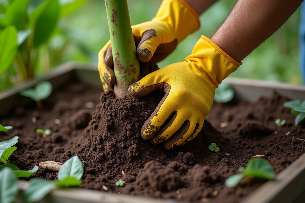 Gros plan de mains gantées apportant du compost au pied d'un bananier dans un jardin potager surélevé