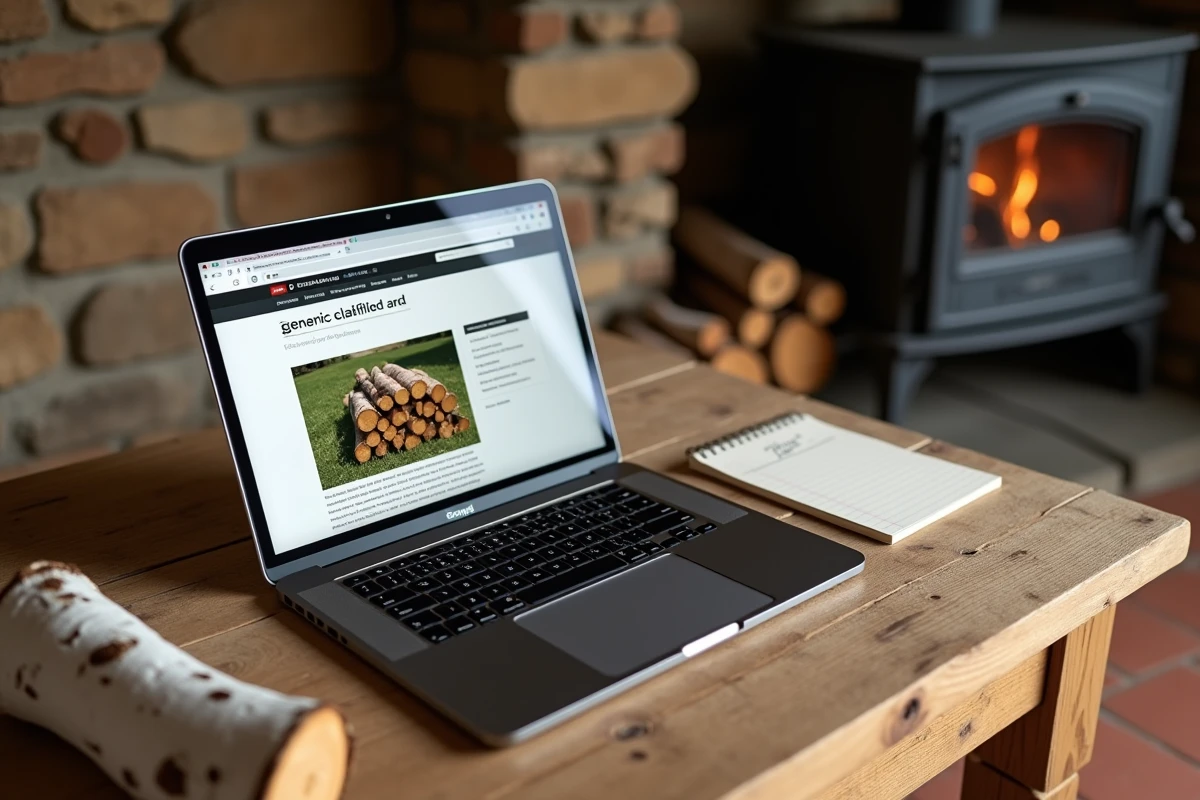 Ordinateur portable affichant une annonce de vente de bois de chauffage en ligne sur une table en bois rustique avec une bûche de bouleau et un carnet de notes