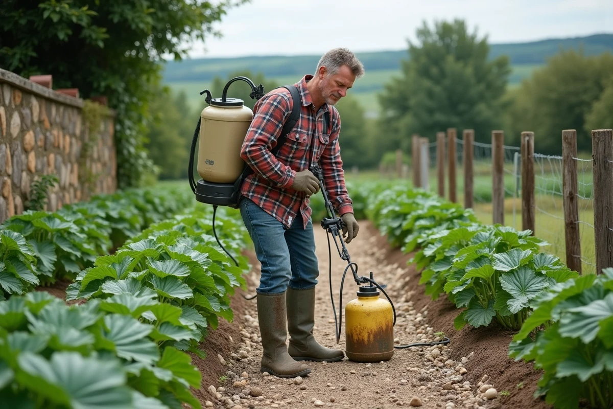 Jardinier appliquant un désherbant en bordure d'un grand potager avec poivrons et courgettes en rangs
