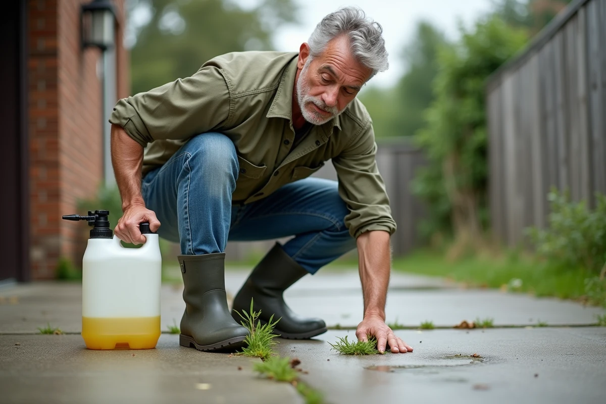 Homme appliquant un désherbant Radikal sur des mauvaises herbes dans les fissures d'une allée en béton