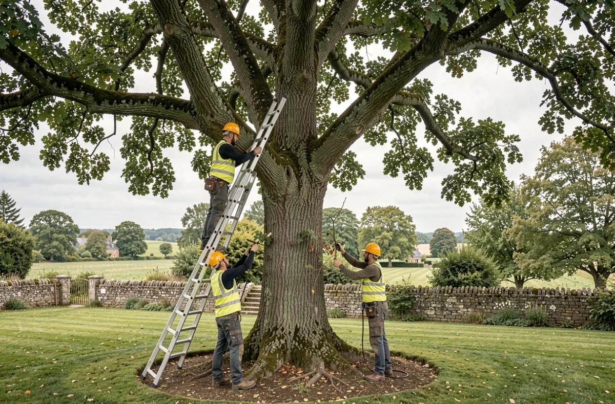 Deux arboristes de la société Arbelet effectuant l'élagage d'un chêne mature dans un domaine privé en Ille-et-Vilaine