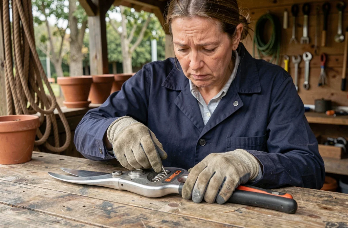 Arboriste femme inspectant un sécateur Bahco professionnel sur un établi en bois