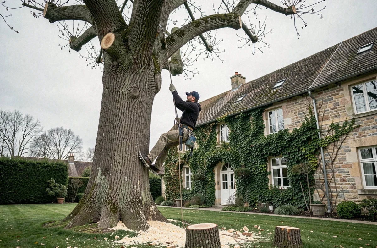 Arboriste descendant d'un platane élagué dans le jardin d'une ferme alsacienne traditionnelle dans le Haut-Rhin