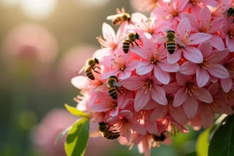 Arbuste fleuri rose au printemps couvert d'abeilles butineuses collectant le nectar sur des fleurs tubulaires roses dans un jardin ensoleillé