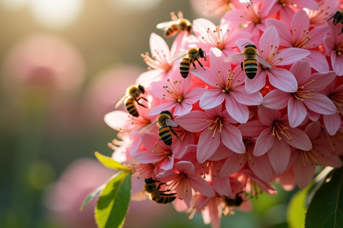 Arbuste fleuri rose au printemps couvert d'abeilles butineuses collectant le nectar sur des fleurs tubulaires roses dans un jardin ensoleillé