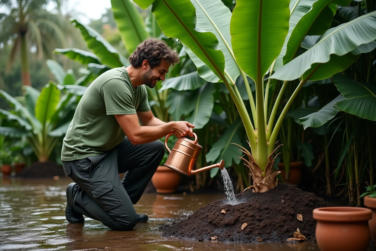 Homme arrosant un bananier extérieur avec un arrosoir en cuivre dans un jardin tropical verdoyant