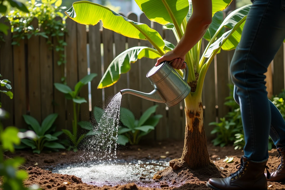 Arrosage d'un bananier en pleine terre avec un arrosoir, eau coulant sur le sol meuble et humide