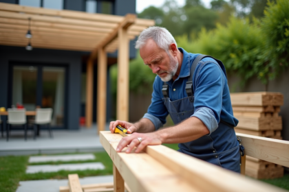 Artisan mesurant des poutres pour une pergola dans un jardin
