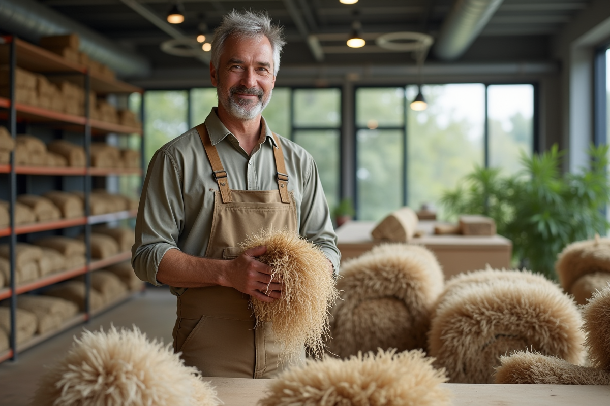 Homme avec fibres de chanvre dans un atelier moderne écologique
