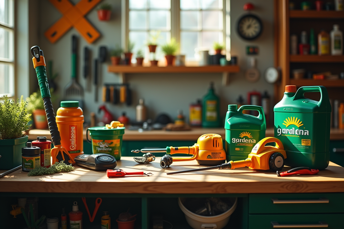 Atelier bien organisé avec outils de jardin Gardena lumineux