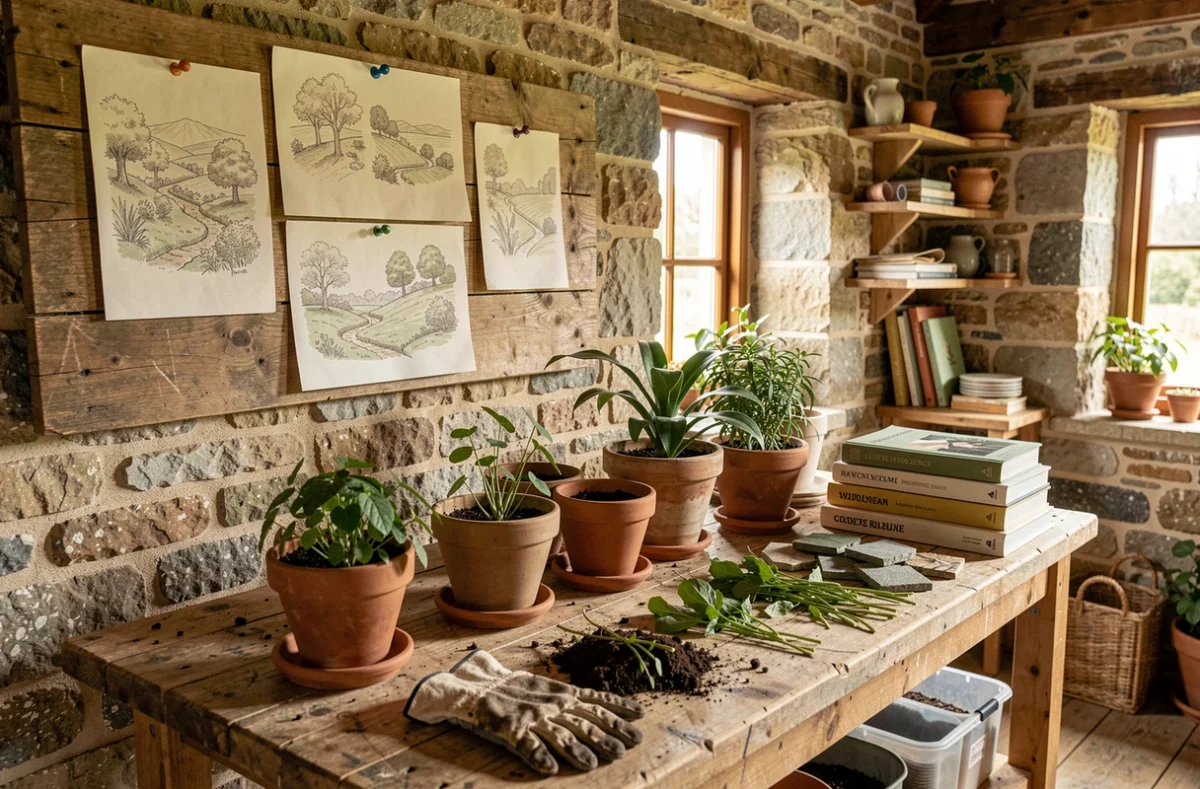 Atelier de conception paysagère de l'Atelier Morlière dans une dépendance en pierre bretonne avec croquis, échantillons et outils de jardinage