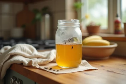 Attrape moucherons maison dans un bocal en verre avec vinaigre de cidre et film plastique percé, posé sur un plan de travail en bois de cuisine rustique