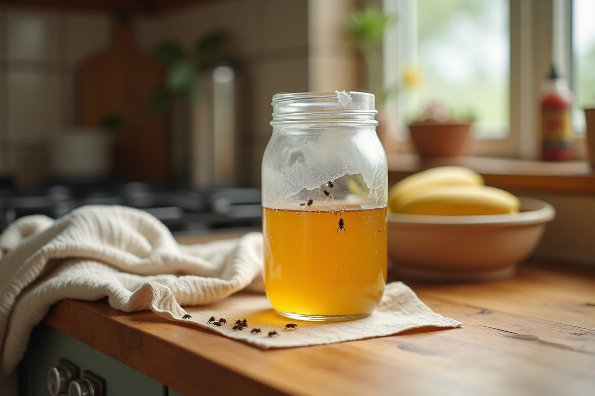 Attrape moucherons maison dans un bocal en verre avec vinaigre de cidre et film plastique percé, posé sur un plan de travail en bois de cuisine rustique