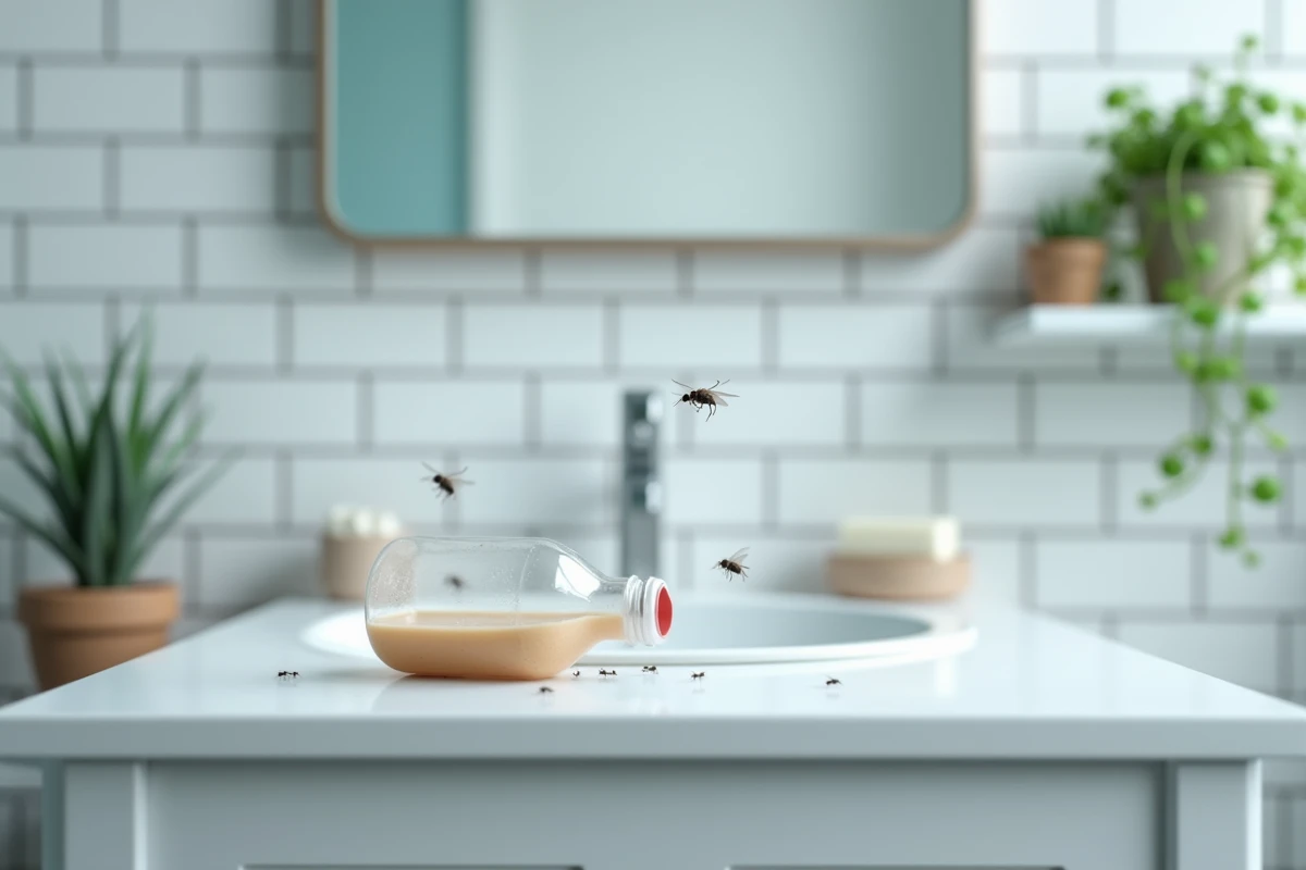 Attrape moucherons DIY fabriqué avec une bouteille plastique retournée et un mélange sucre levure eau posé sur le bord d'un lavabo de salle de bain carrelée