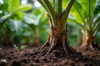 Bananier en pleine terre avec sol riche et amendé, racines visibles et paillis de compost autour du pied