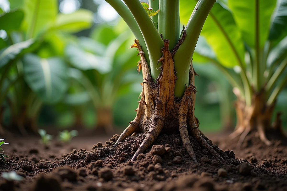 Bananier en pleine terre avec sol riche et amendé, racines visibles et paillis de compost autour du pied