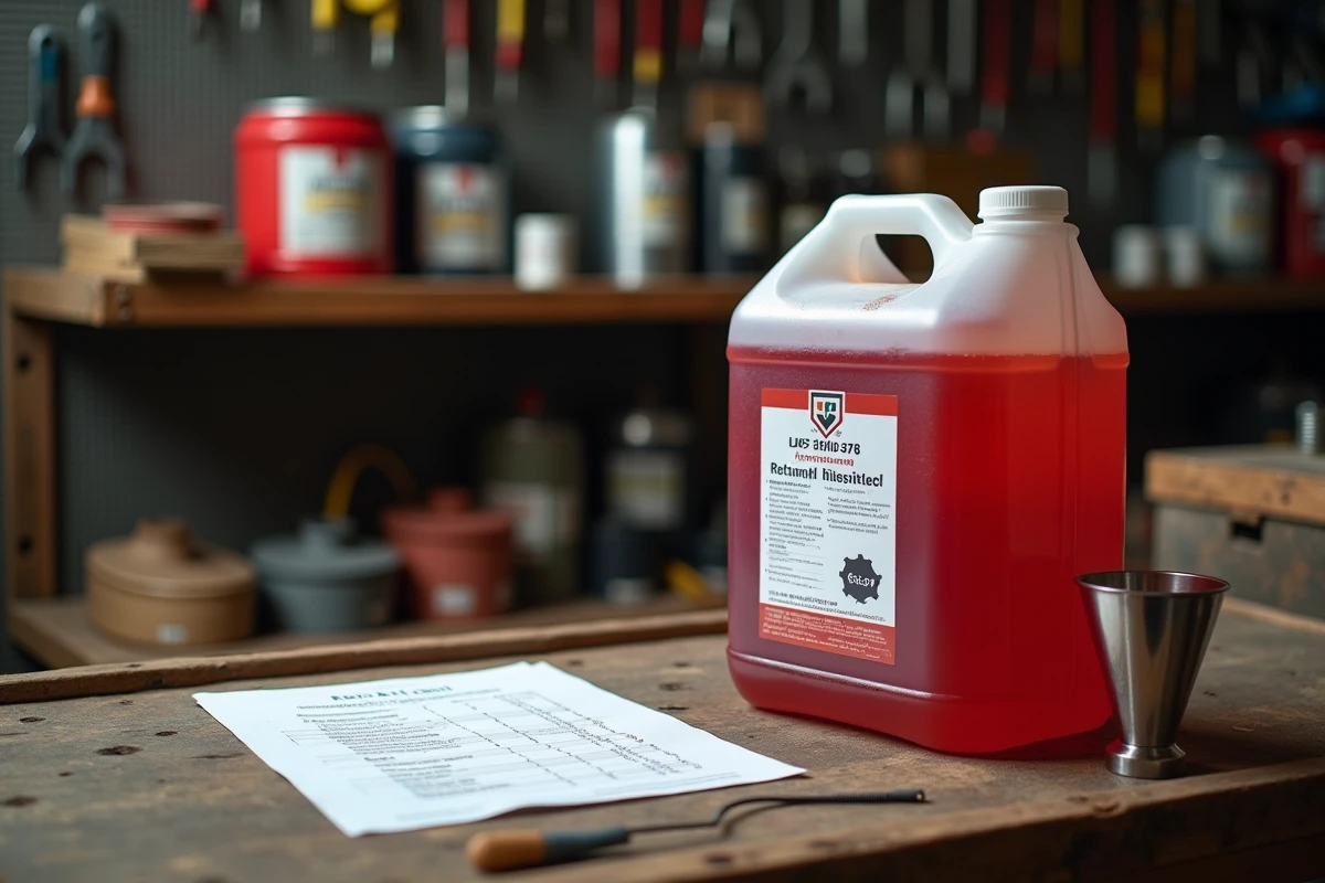 Bidon de Rotalin rouge avec fiche de calcul du coût au litre sur un établi de ferme