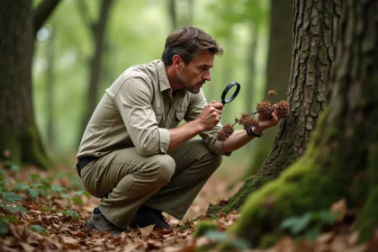Botaniste examinant des galles de chêne sur une branche en forêt, tenant une loupe et observant les excroissances végétales