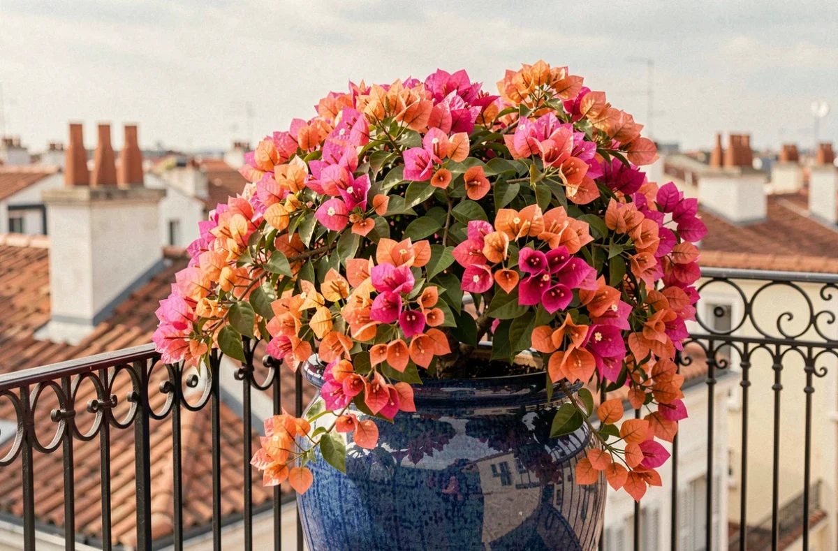 Bougainvillier fleuri en pleine forme dans un pot en céramique bleue sur un balcon urbain ensoleillé, avec des bractées roses et orangées abondantes