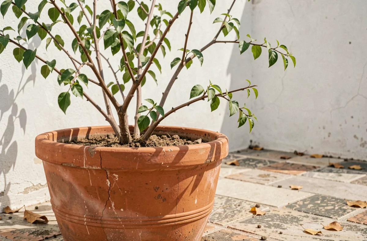 Bougainvillier en pot sur une terrasse méditerranéenne sans fleurs, avec peu de feuilles et un sol sec, illustrant un manque d'entretien