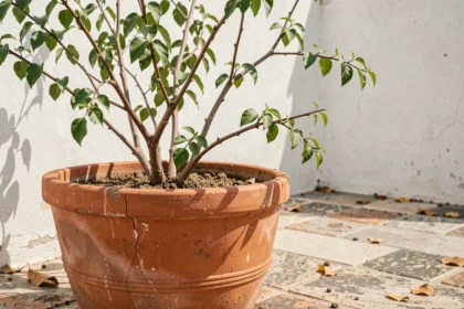 Bougainvillier en pot sur une terrasse méditerranéenne sans fleurs, avec peu de feuilles et un sol sec, illustrant un manque d'entretien