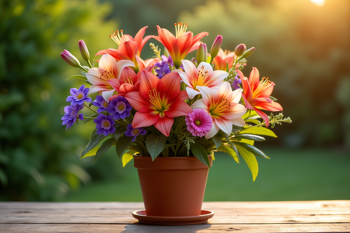 Bouquet de fleurs alstroemeria amaryllis et aquilegia en pot