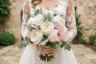 Bouquet de mariée rond composé de roses blanches, pivoines roses et eucalyptus tenu par une mariée en robe de dentelle dans une cour en pierre