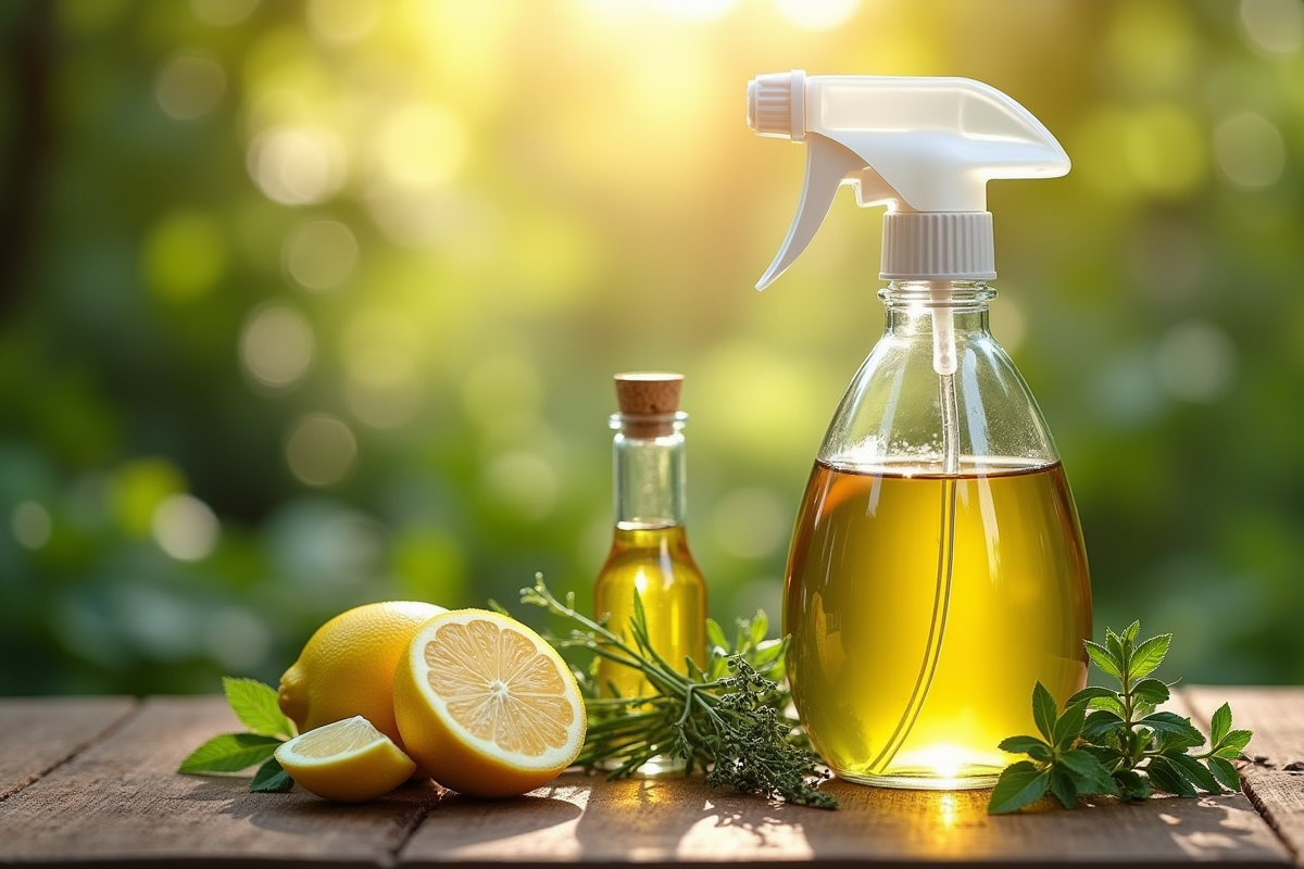 Bouteille de gel naturel avec citron et herbes sur table en bois