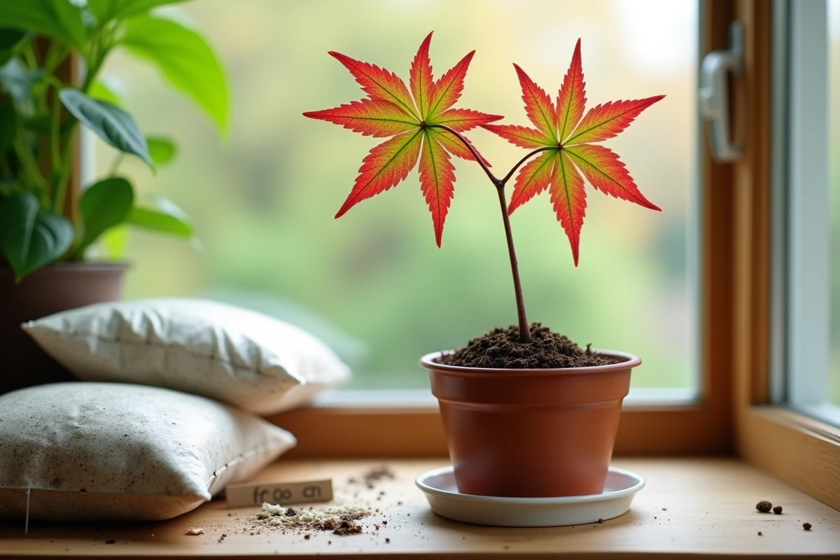 Bouture d'érable du Japon en pot de terre cuite sur un rebord de fenêtre intérieur avec substrat de bouturage