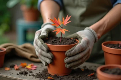 Mains de jardinière insérant une bouture d'érable du Japon dans un substrat perlite-tourbe en pot de terre cuite