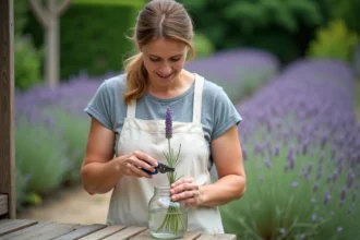 Femme qui prépare une bouture de lavande à plonger dans un verre d'eau sur un établi de jardin en bois