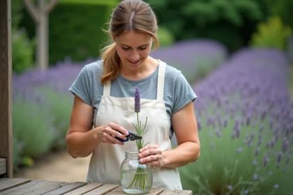 Femme qui prépare une bouture de lavande à plonger dans un verre d'eau sur un établi de jardin en bois