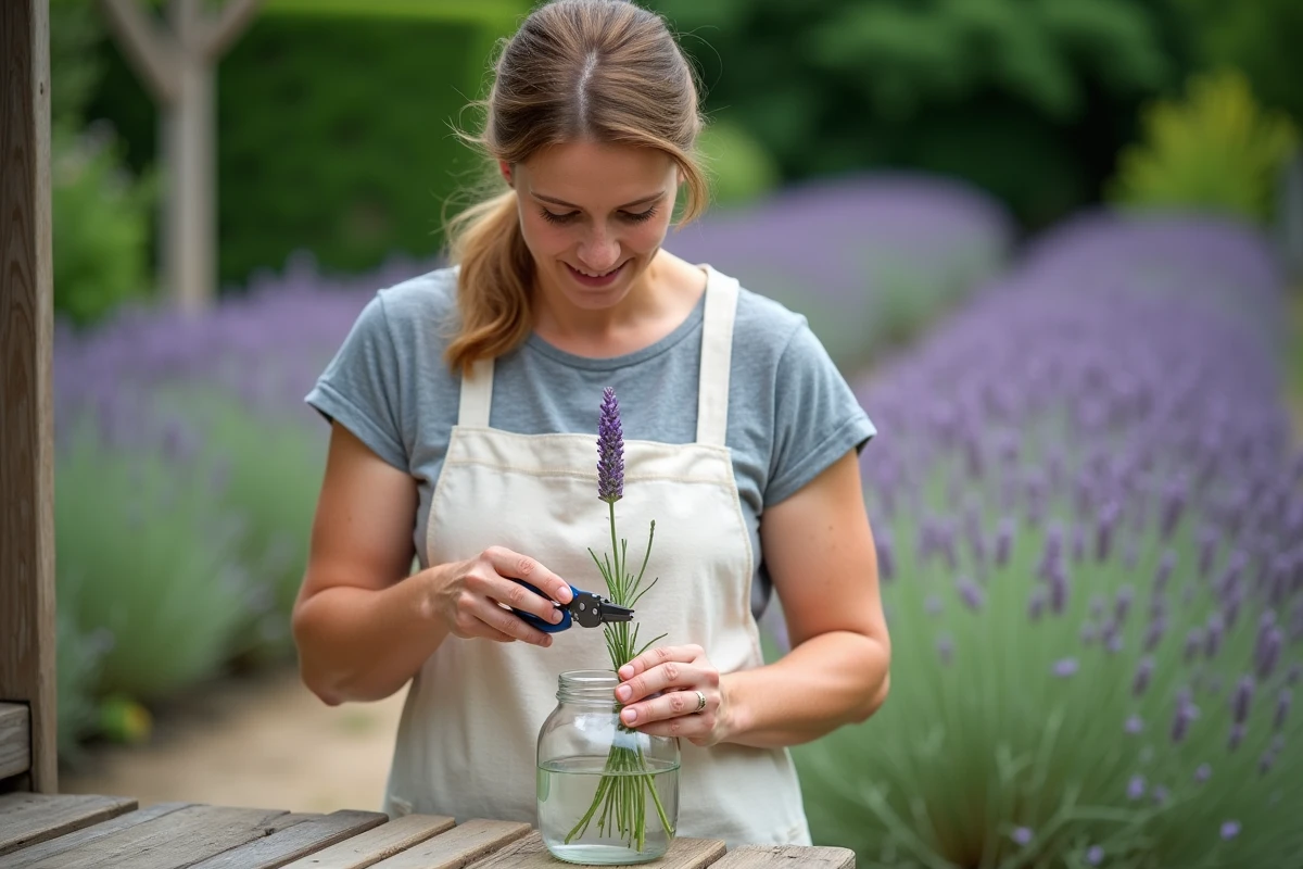Femme qui prépare une bouture de lavande à plonger dans un verre d'eau sur un établi de jardin en bois