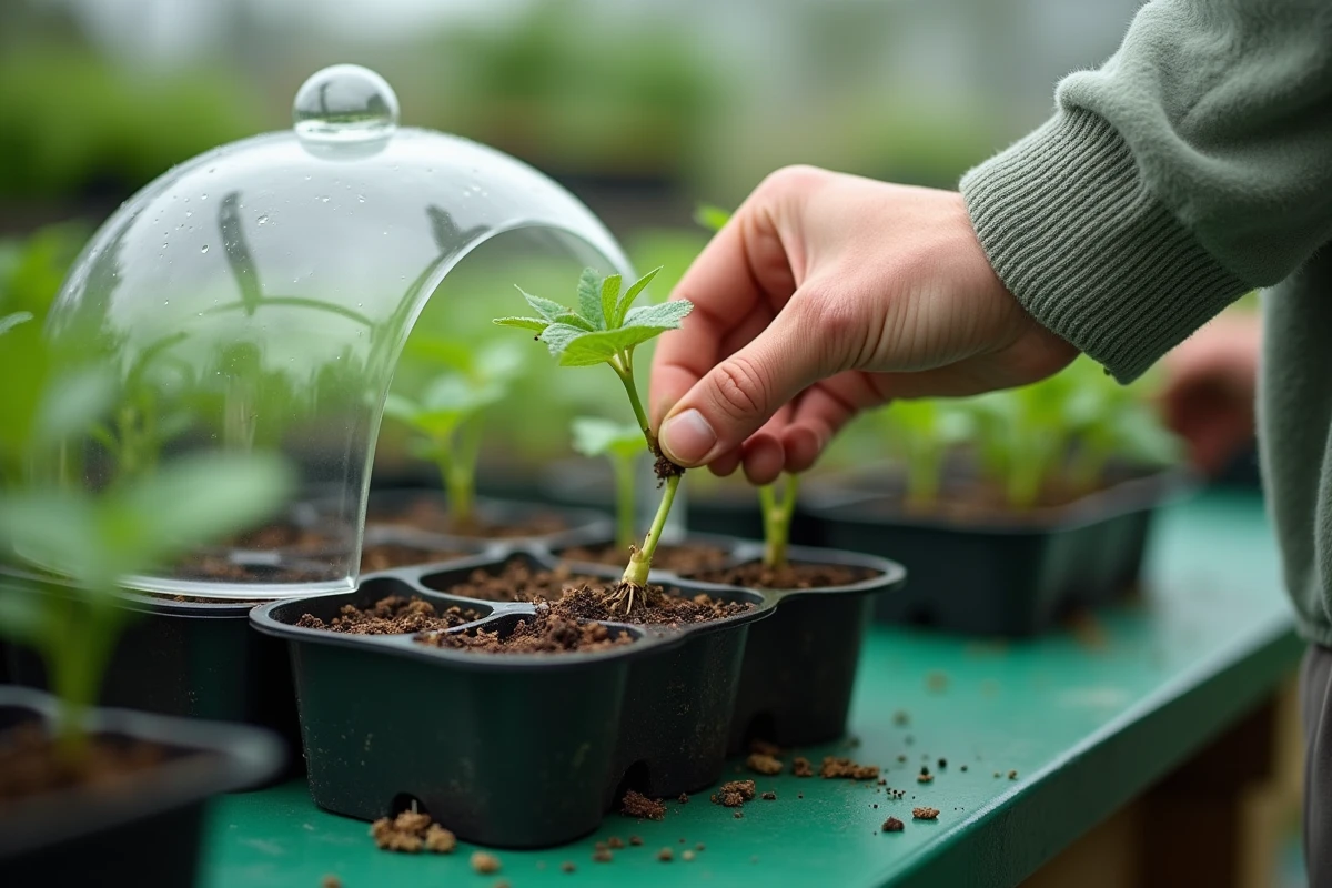 Bouture de vigne vierge retirée prématurément du bac de multiplication révélant des racines insuffisamment développées, erreur classique de jardinage