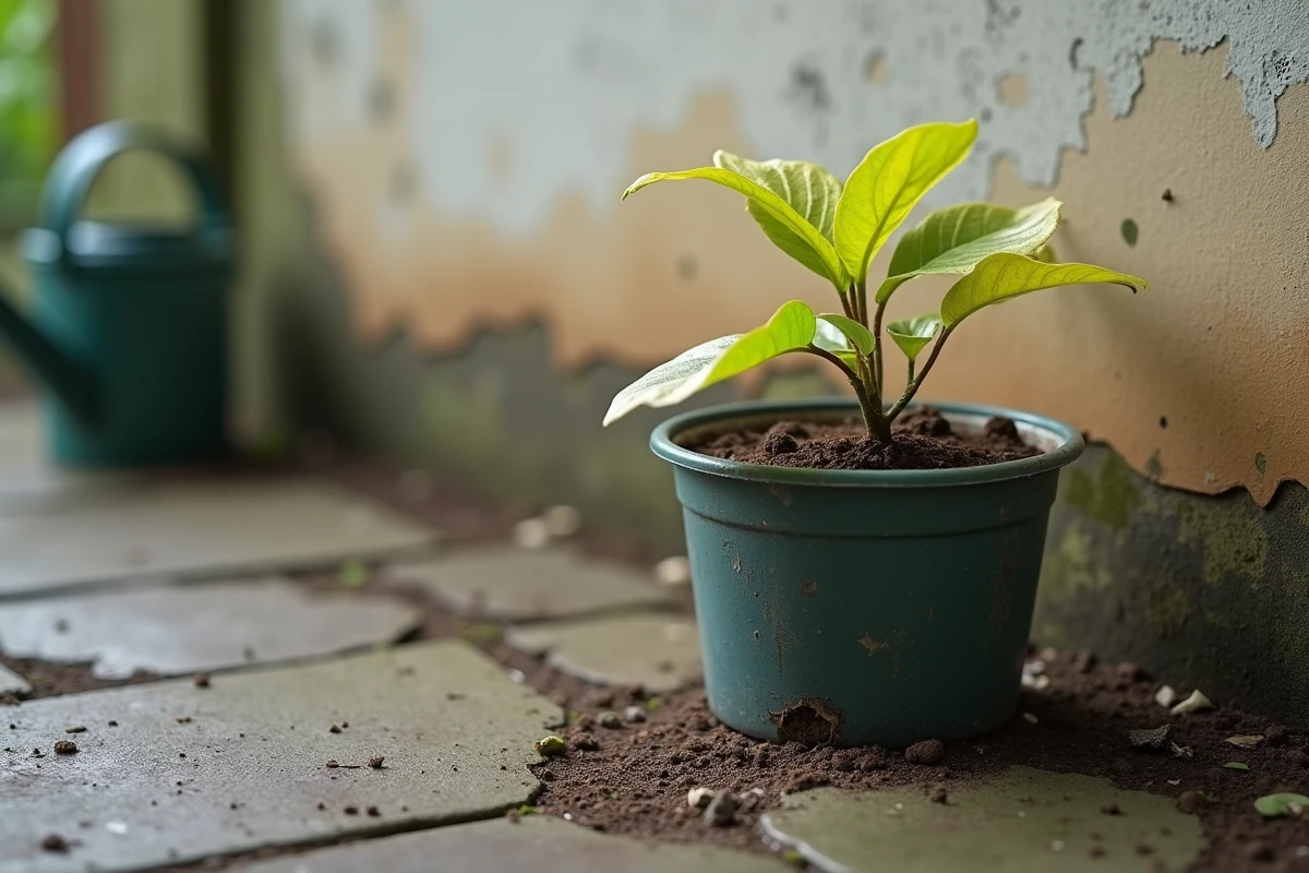 Bouture de vigne vierge en pot avec sol sec et feuilles jaunissantes, illustrant l'erreur d'arrosage insuffisant qui empêche l'enracinement