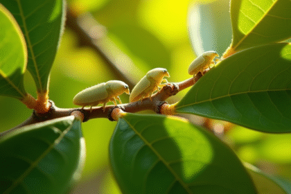 Branche de citronnier avec insectes nuisibles en gros plan